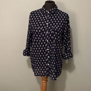 Gap Women's Navy Floral Roll Tab Sleeve Boyfriend Ft Button-Up Shirt Small